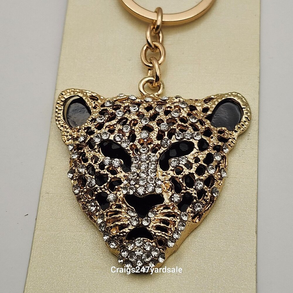Jaguar Leopard Key Ring Gold Tone Rhinestones Betsey Johnson